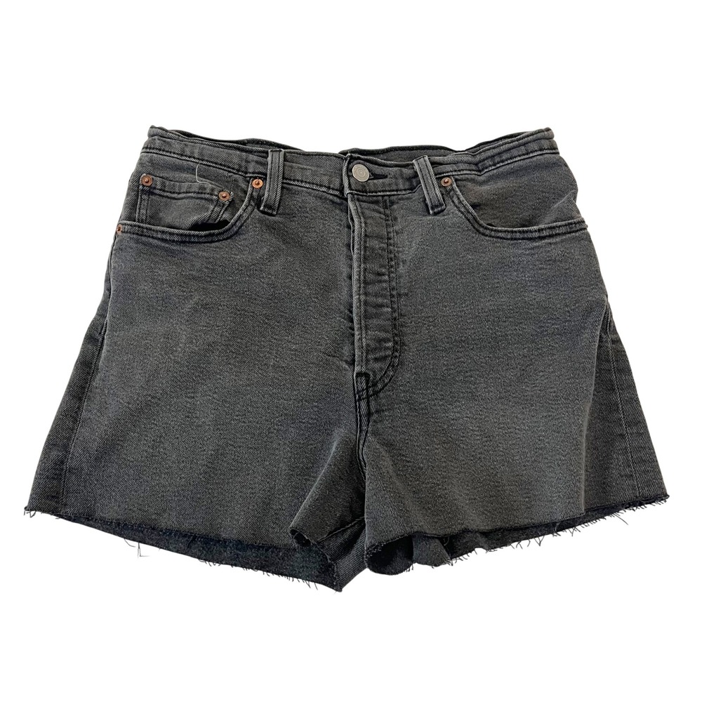Levis Ribcage Straight Ankle Custom Cut Off Denim Shorts Black Button Fly Sz 31